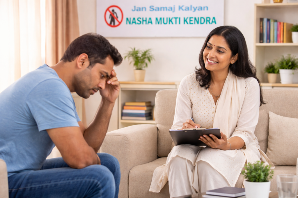 Patient receiving counseling at alcohol de addiction centre during recovery treatment at Jan Samaj Kalyan Nasha Mukti Kendra