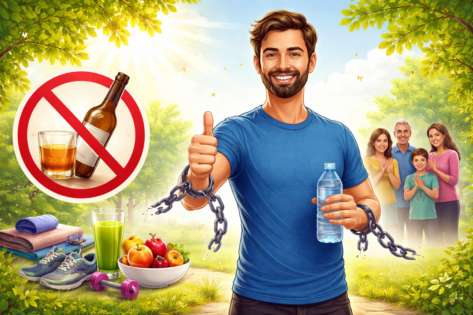 Man recovering from alcohol addiction with healthy lifestyle support and family encouragement