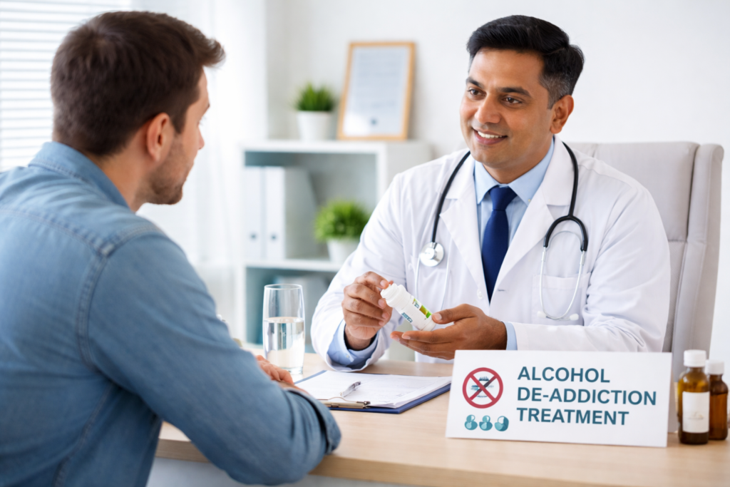 Doctor explaining alcohol de addiction medicine and recovery treatment to patient at rehabilitation center