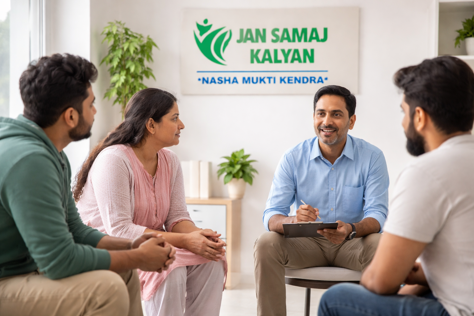 Drug rehabilitation center counseling session at Jan Samaj Kalyan Nasha Mukti Kendra
