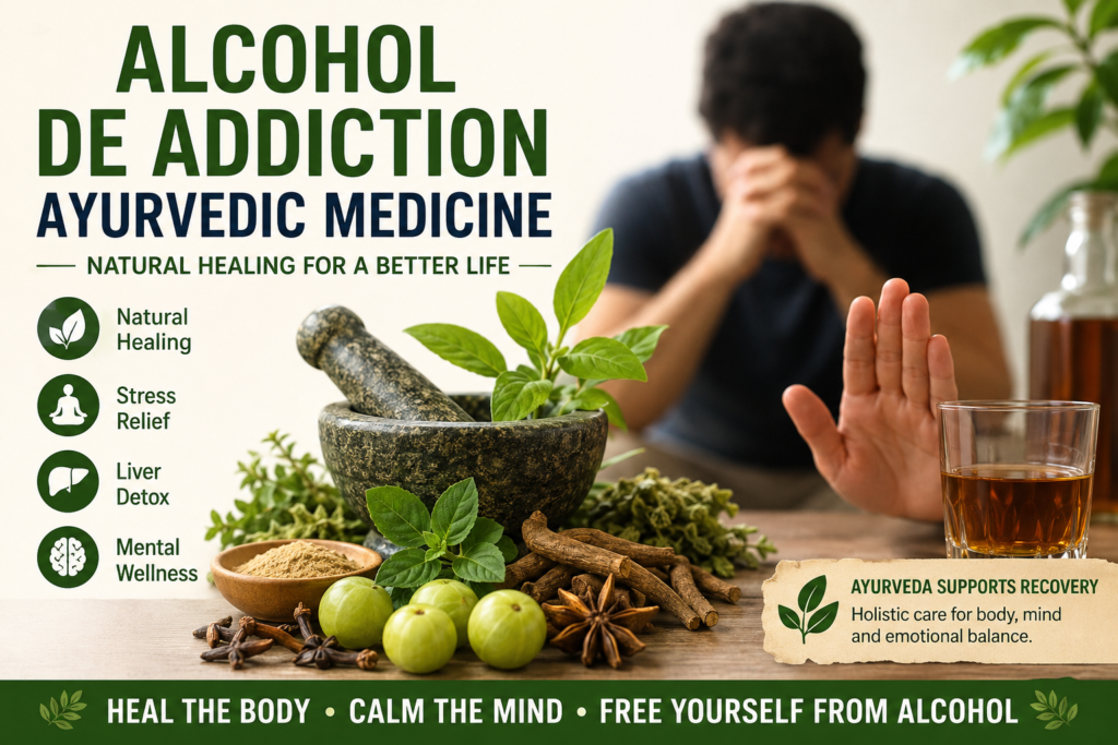 Alcohol de addiction ayurvedic medicine with natural herbs, wellness therapy, and alcohol recovery concept for holistic healing in India.