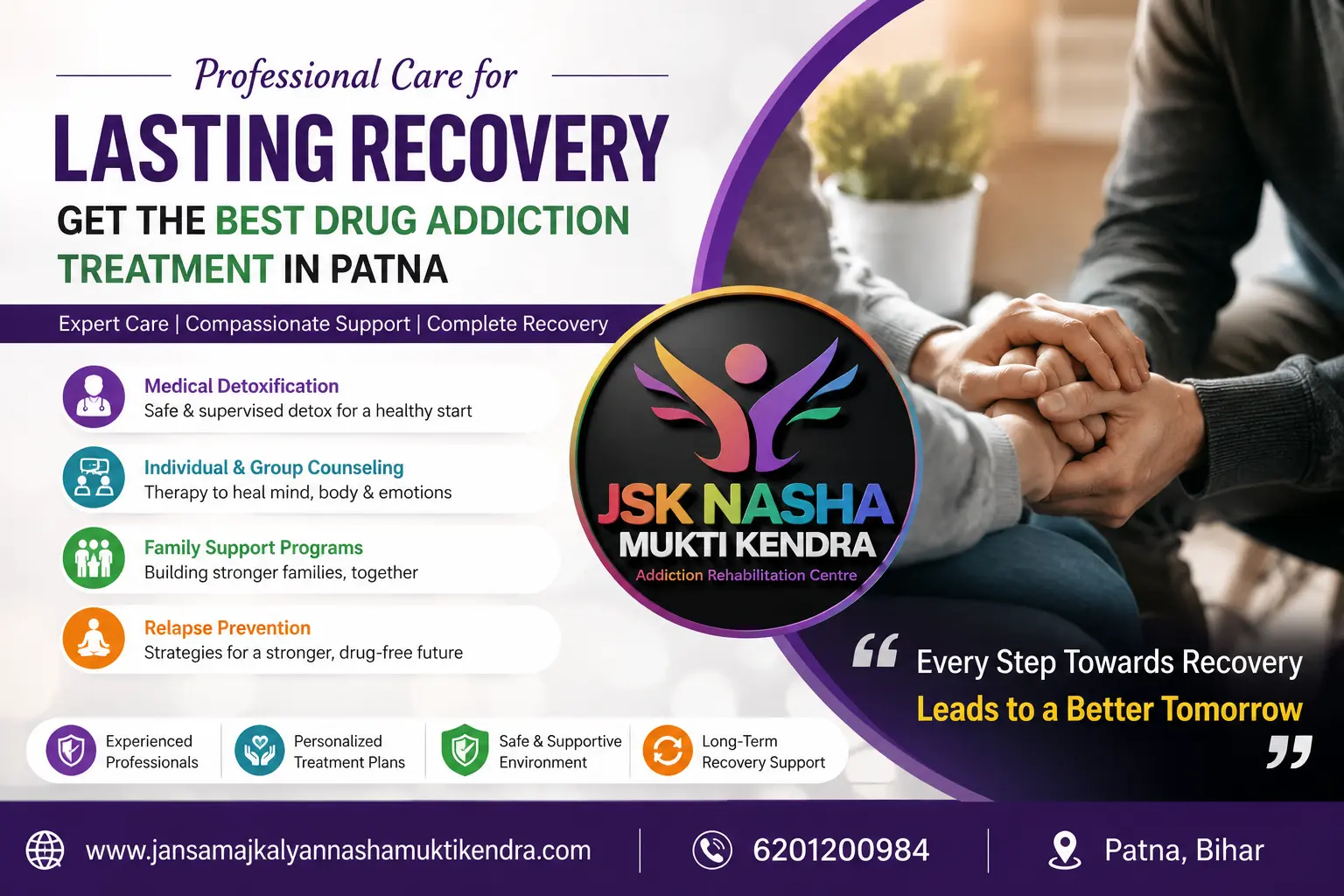 Expert drug addiction treatment and rehabilitation services providing the best drug addiction treatment in Patna through counseling, detoxification, and recovery support.